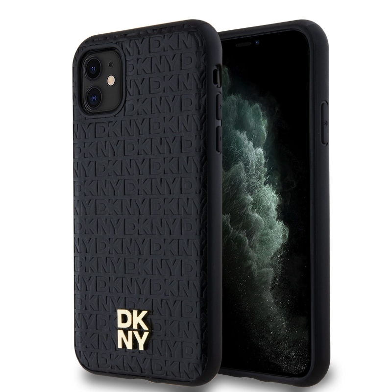 DKNY PU Leather Repeat Pattern Stack Logo Magsafe Zadný Kryt pre iPhone 11 Black