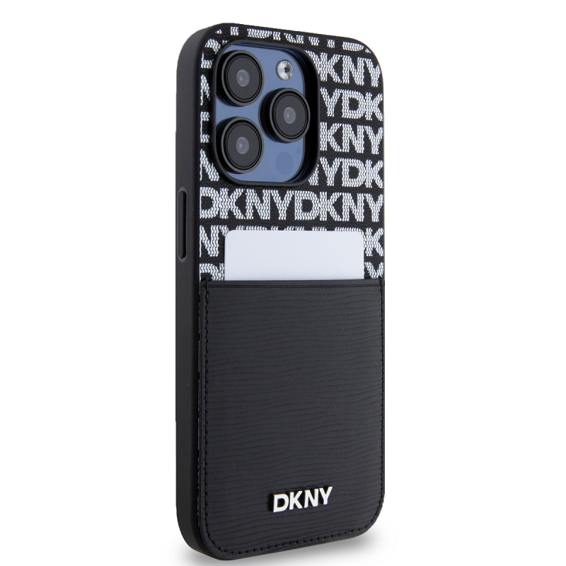 DKNY PU Leather Repeat Pattern Card Pocket Zadný Kryt pre iPhone 15 Pro Black