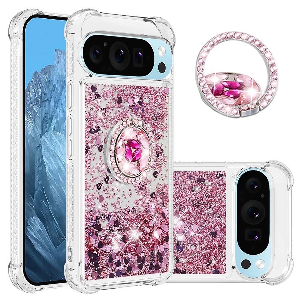 Glitt presýpací gélový obal s krúžkom na prst na Google Pixel 10 - ružovozlatý/srdiečka