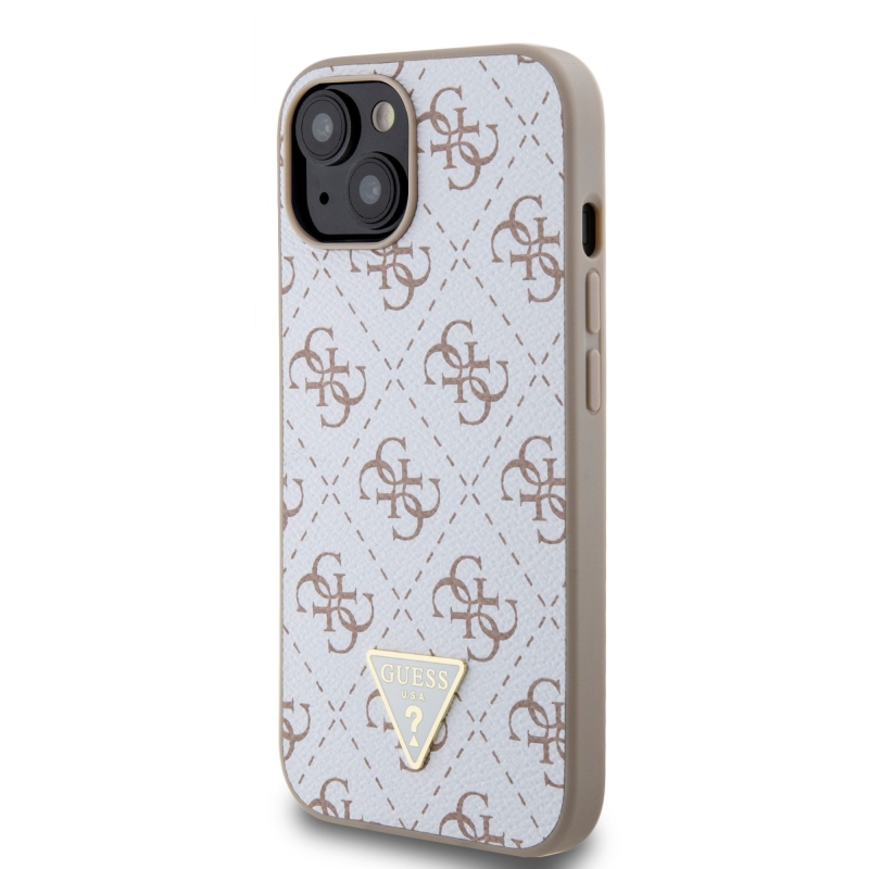 Guess PU Leather 4G Triangle Metal Logo Zadný Kryt pre iPhone 15 White