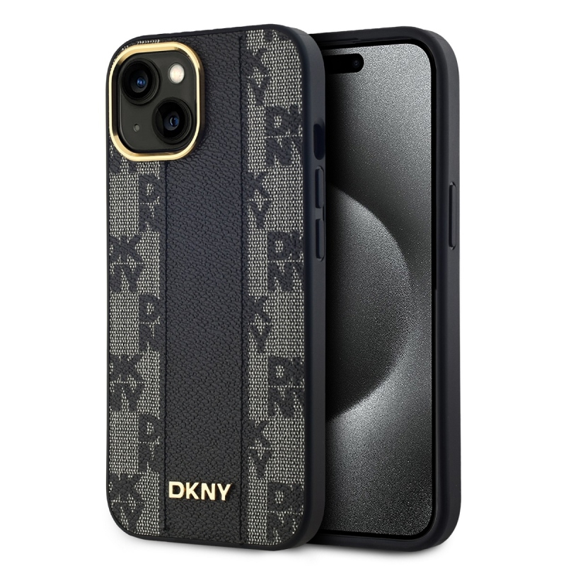 DKNY PU Leather Checkered Pattern Magsafe Zadný Kryt pre iPhone 15 Black