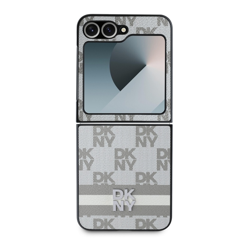 DKNY PU Leather Checkered Pattern and Stripe Zadný Kryt pre Samsung Galaxy Z Flip 6 Beige