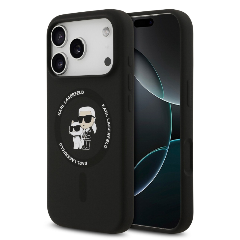 Karl Lagerfeld Liquid Silicone Karl and Choupette MagSafe zadný kryt pre iPhone 18 Pro Max, čierny