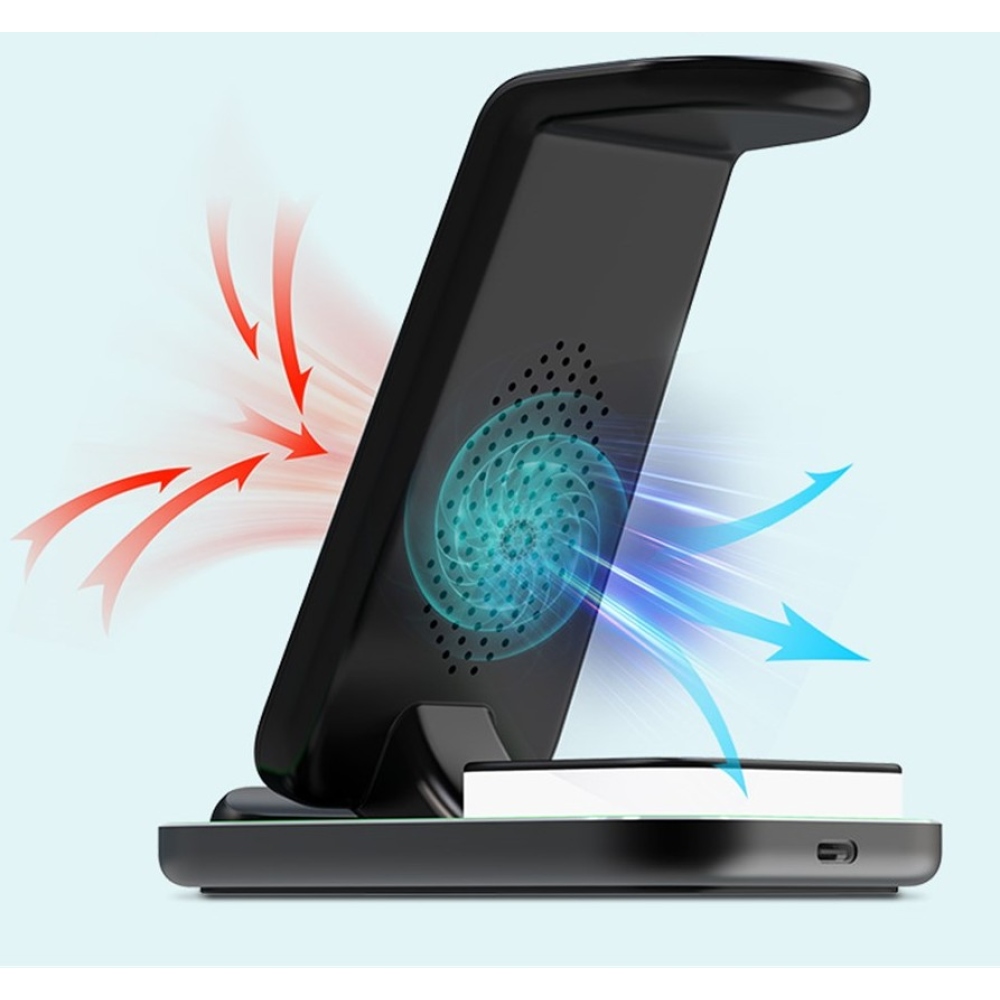 YF-A6 bezdrôtová nabíjacia stanica 3v1 15W s nočným svetlom - čierna