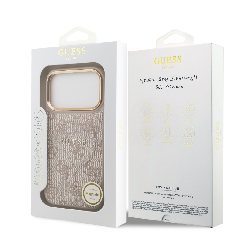 Guess PU kožený zadný kryt 4G Gold Frame MagSafe pre iPhone 17 Pro Pink