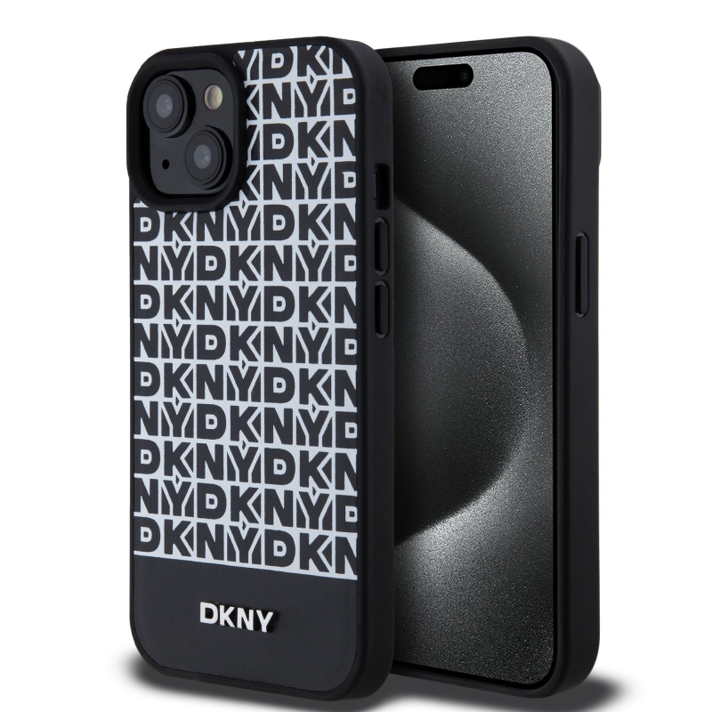 DKNY PU Leather Repeat Pattern Bottom Stripe MagSafe Zadný Kryt pre iPhone 15 Black