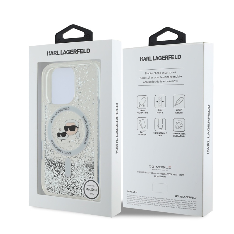 Karl Lagerfeld Liquid Glitter Karl and Choupette Heads MagSafe Zadný Kryt pre iPhone 16 Pro Transparent