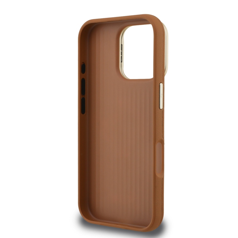 Guess PU Grained 4G Logo Stand Camera Frame Zadný Kryt pre iPhone 16 Pro Max Brown
