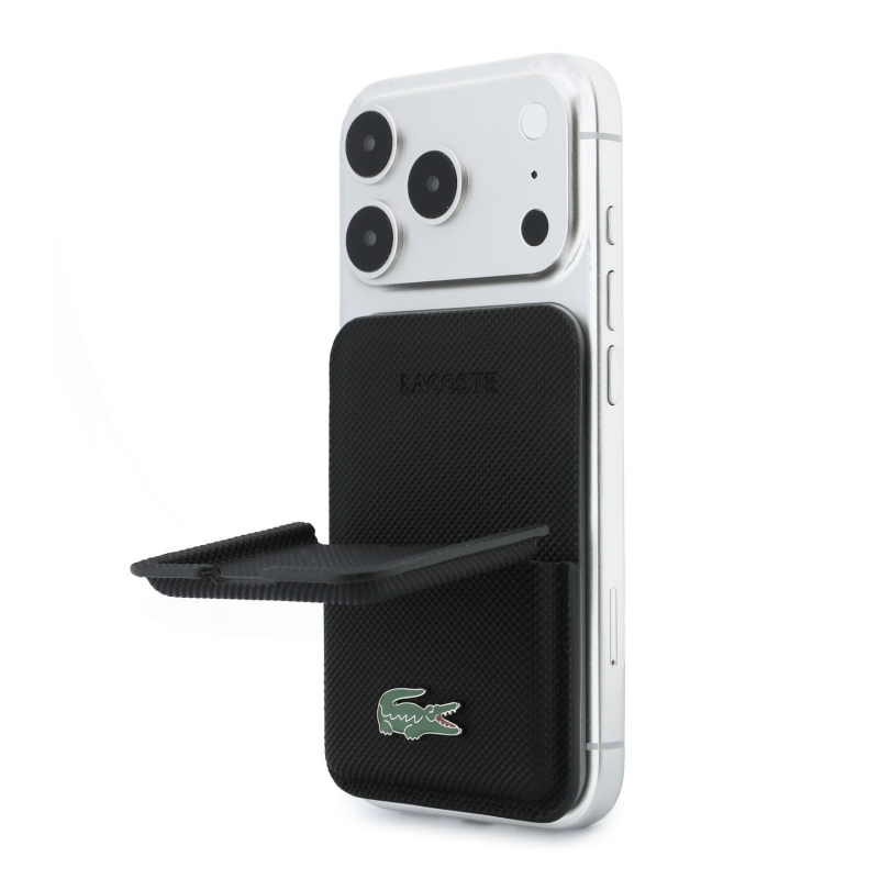 Peňaženka Lacoste PVC Iconic Petit Pique MagSafe so stojáčikom, čierna