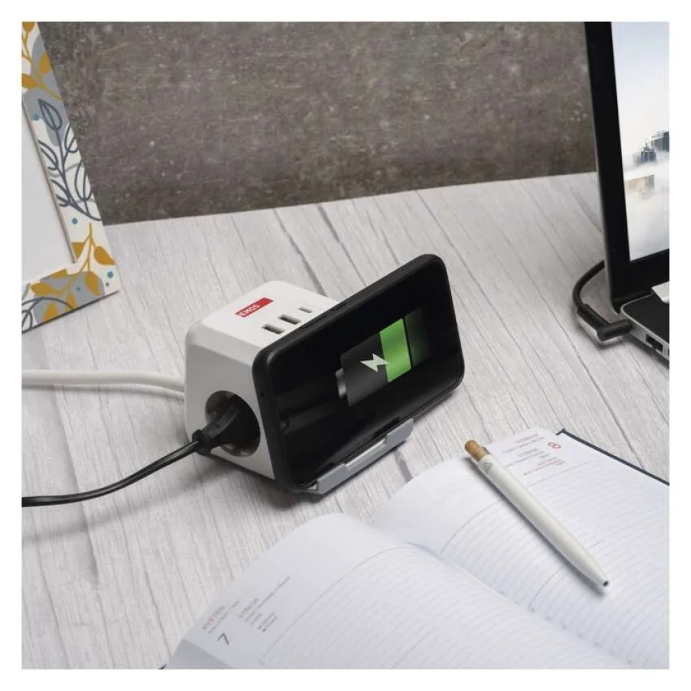 Predlžovací kábel - kocka 2 m / 2 zásuvky / biely / 2×USB-A+1×USB-C+Qi / 1,5 mm2