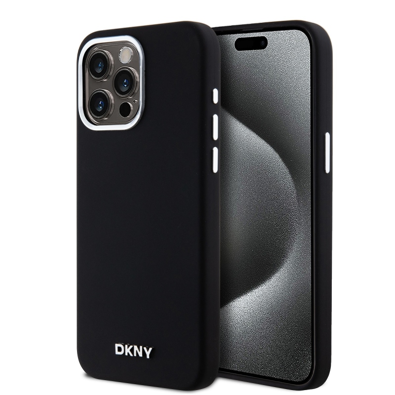 DKNY Liquid Silicone Silver Metal Logo Magsafe Zadný Kryt pre iPhone 15 Pro Max Black