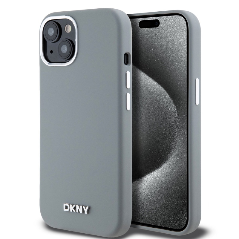 DKNY Liquid Silicone Silver Metal Logo Magsafe Zadný Kryt pre iPhone 15 Grey