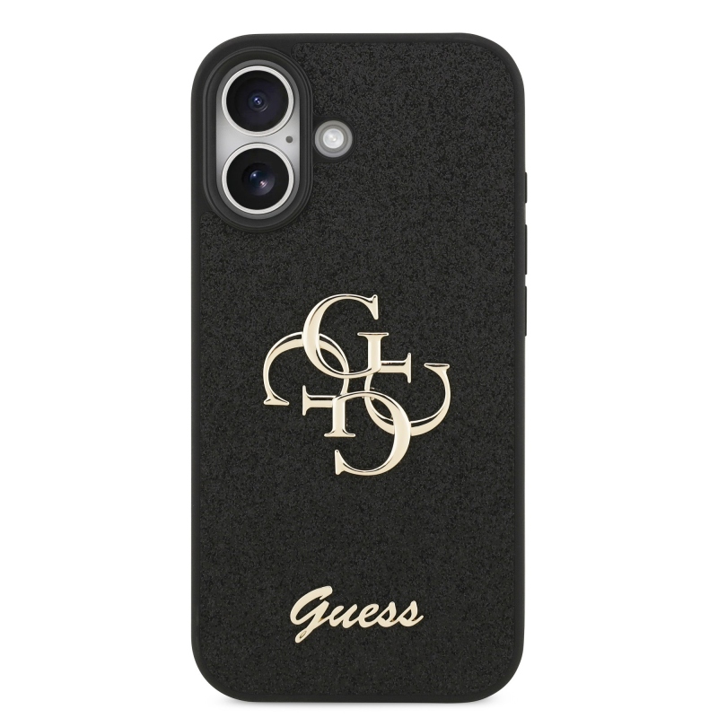 Guess PU pevný zadný kryt s kovovým logom 4G s trblietkami pre iPhone 17 Black