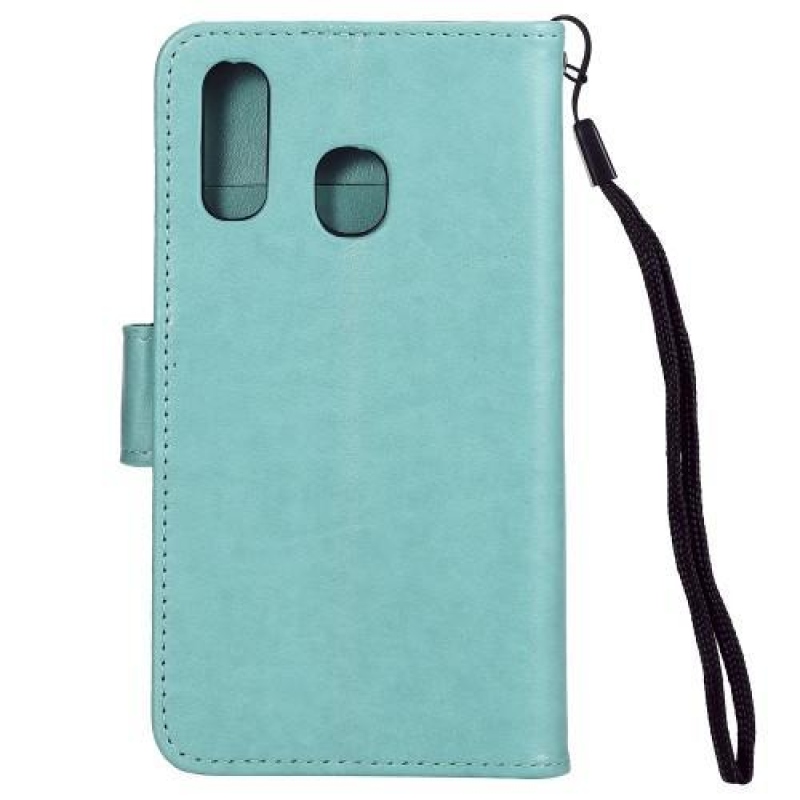 Imprinted PU kožené peněženkové puzdro na mobil Samsung Galaxy A20e - cyan