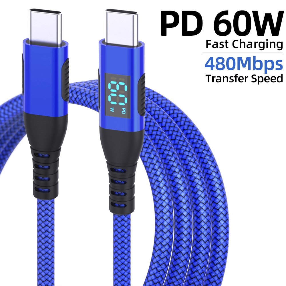 Nylonový kábel USB-C/USB-C s displejom 3m 60W - modrý