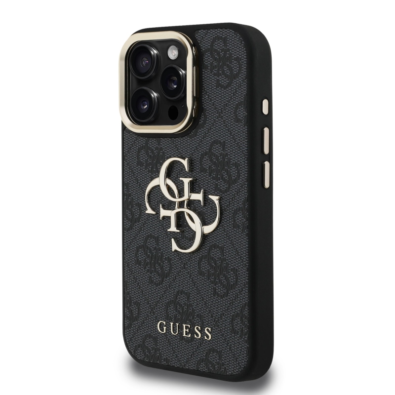 Guess PU 4G Metal Logo Stand Camera Frame Zadný Kryt pre iPhone 16 Pro Max Black
