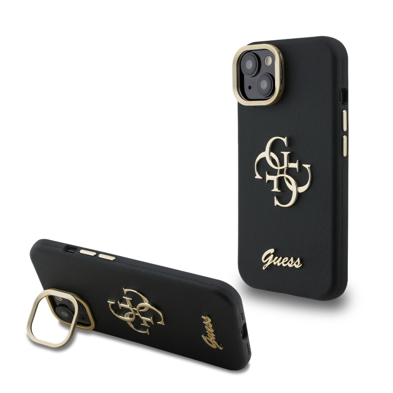 Guess PU Grained 4G Logo Stand Camera Frame Zadný Kryt pre iPhone 14 Black