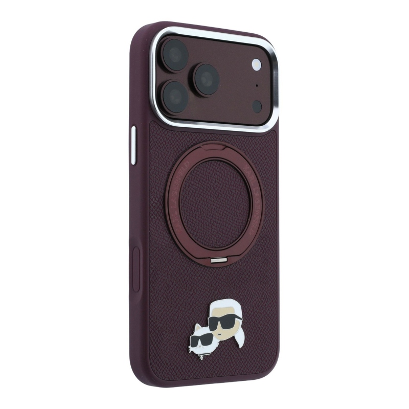 Karl Lagerfeld PU Grained K&CH Heads Ring Stand Magsafe zadný kryt pre iPhone 18 Pro Max, farba Burgundy