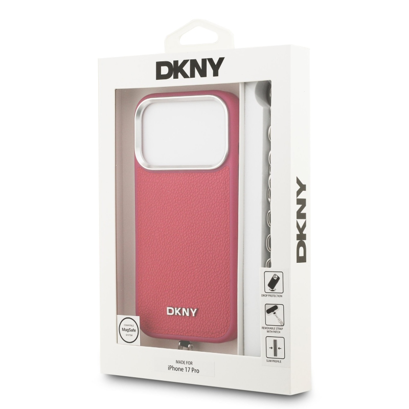 DKNY PU kožený kovový kryt s logom na zápästie MagSafe zadný kryt pre iPhone 17 Pro Pink