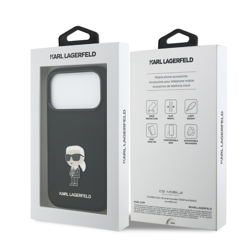 Karl Lagerfeld Liquid Silicone Metal Ikonik Zadný kryt pre iPhone 17 Pro Black