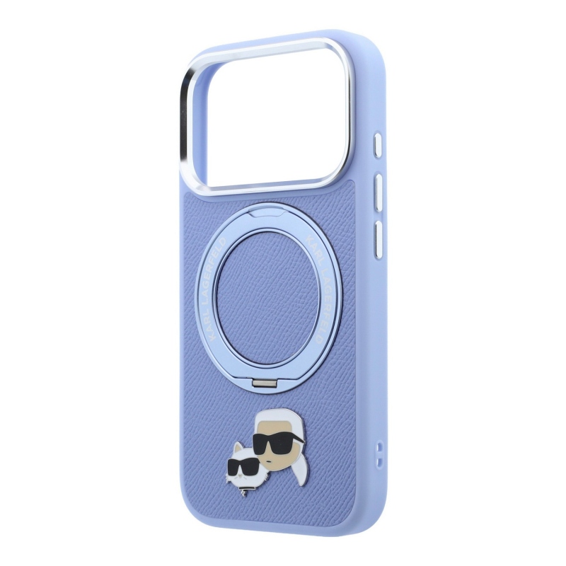 Karl Lagerfeld PU Grained K&CH Heads Ring Stand Magsafe zadný kryt pre iPhone 18 Pro, modrý