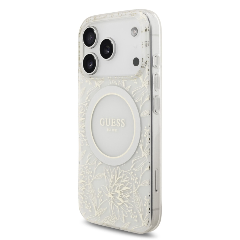 Guess IML Flowers Allover Strap MagSafe zadný kryt pre iPhone 17 Pro White