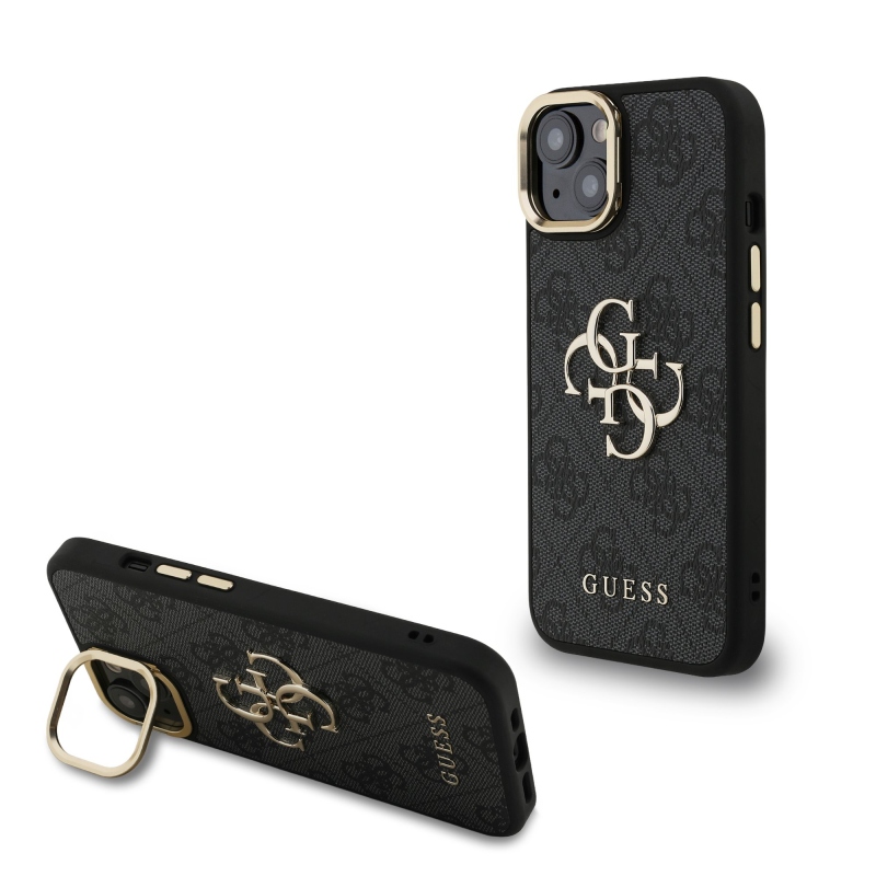 Guess PU 4G Metal Logo Stand Camera Frame Zadný Kryt pre iPhone 14 Black