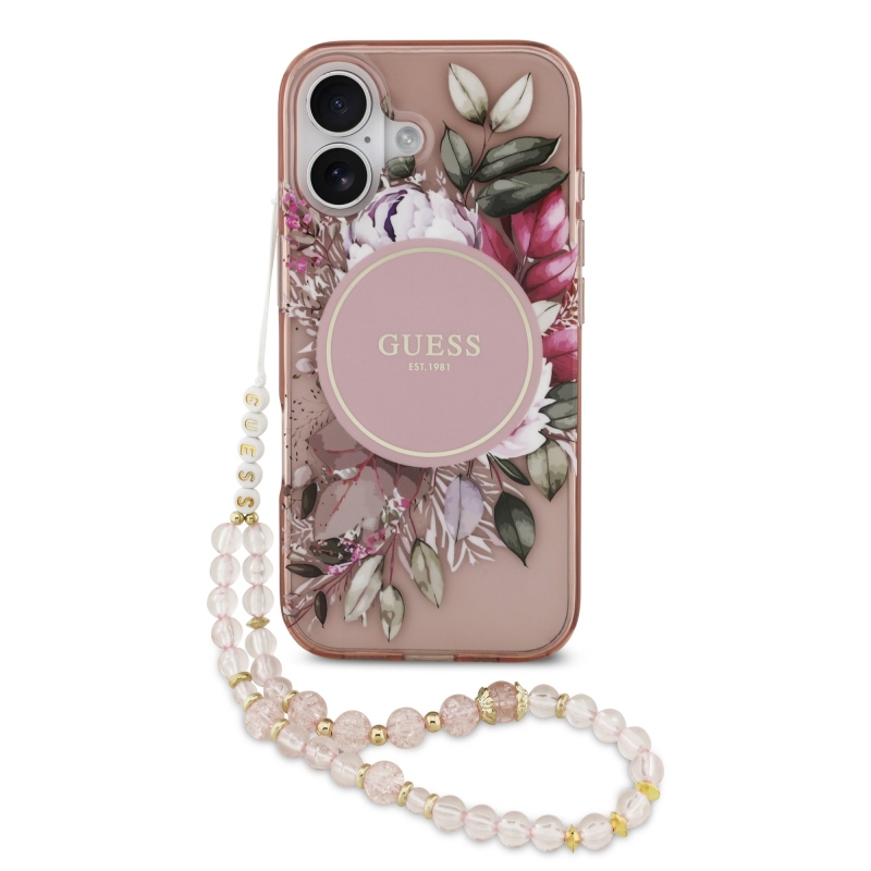 Guess IML Flowers Strap MagSafe zadný kryt pre iPhone 17 Pink
