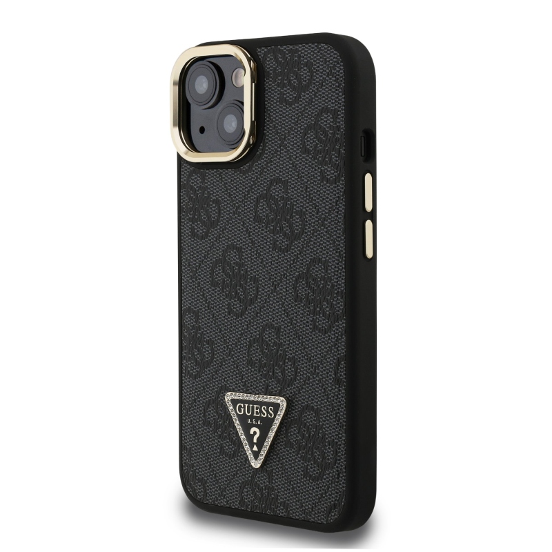 Guess PU 4G Strass Triangle Logo Stand Camera Frame MagSafe Zadný Kryt pre iPhone 15 Black
