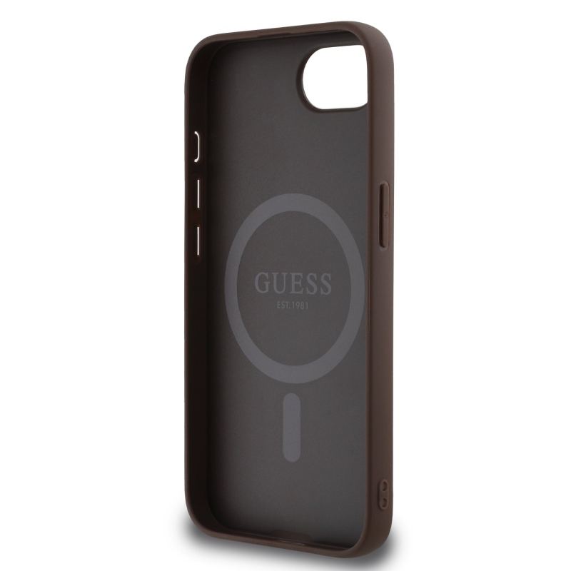 Guess PU kožený zadný kryt 4G Colored Ring MagSafe pre iPhone SE4 Brown