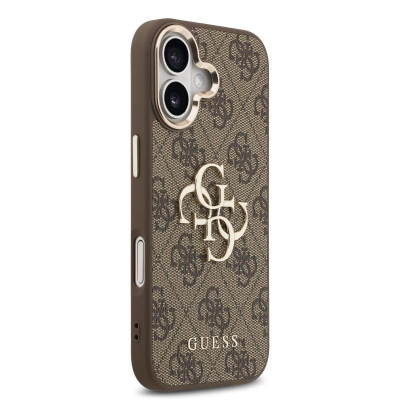Guess PU kožený 4G kovové logo Gold Frame zadný kryt pre iPhone 17 Brown