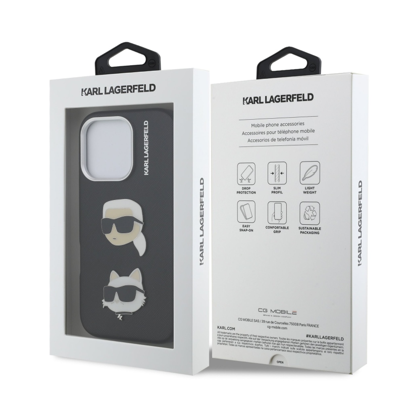 Karl Lagerfeld Grained PU K&CH Heads Zadný Kryt pre iPhone 16 Pro Black