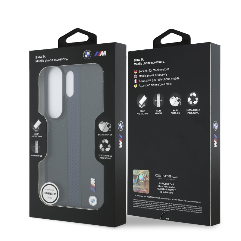 BMW M PU kožený perforovaný zadný kryt s pruhmi a kovovým logom pre Samsung Galaxy S26 Ultra Blue