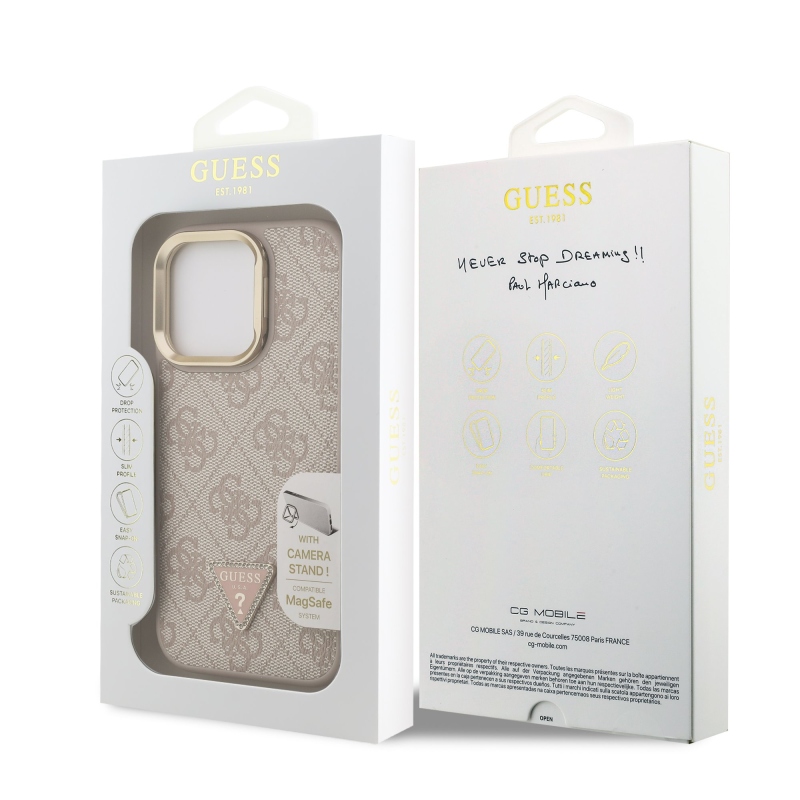 Guess PU 4G Strass Triangle Logo Stand Camera Frame MagSafe Zadný Kryt pre iPhone 16 Pro Pink
