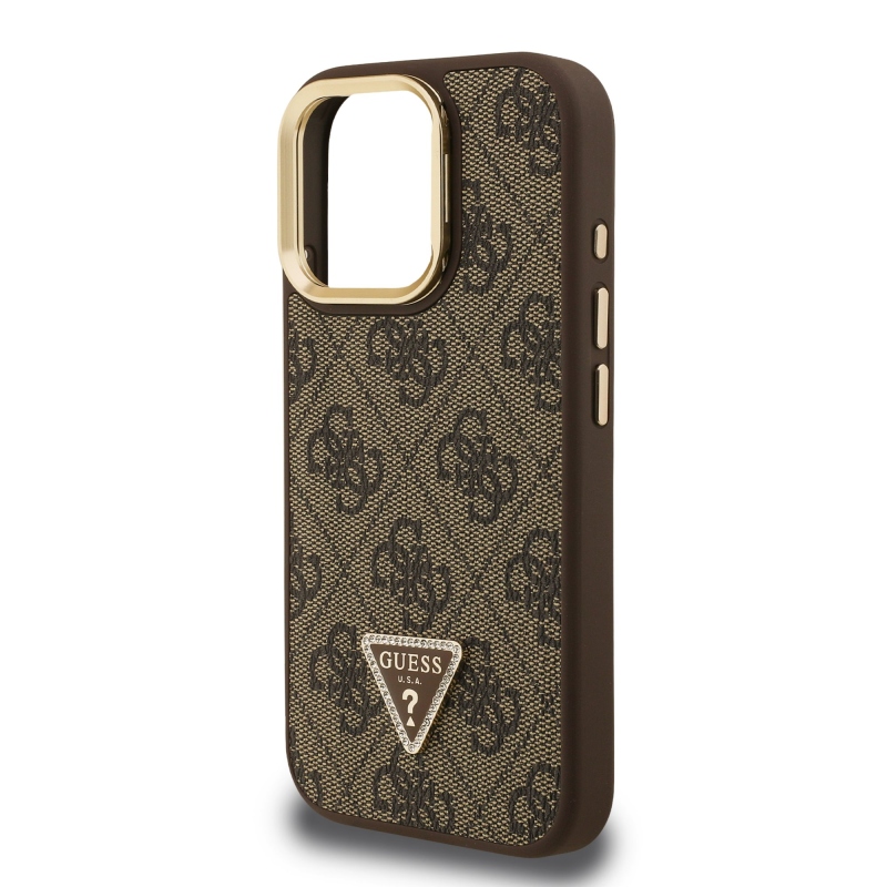 Guess PU 4G Strass Triangle Logo Stand Camera Frame MagSafe Zadný Kryt pre iPhone 16 Pro Brown
