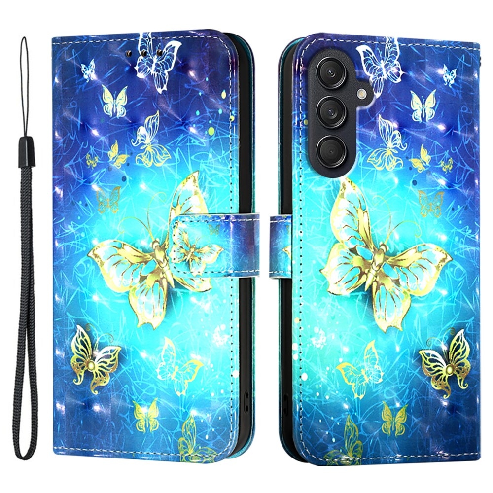 Patte knižkové púzdro na Samsung Galaxy M55 5G - modrozlatí motýle