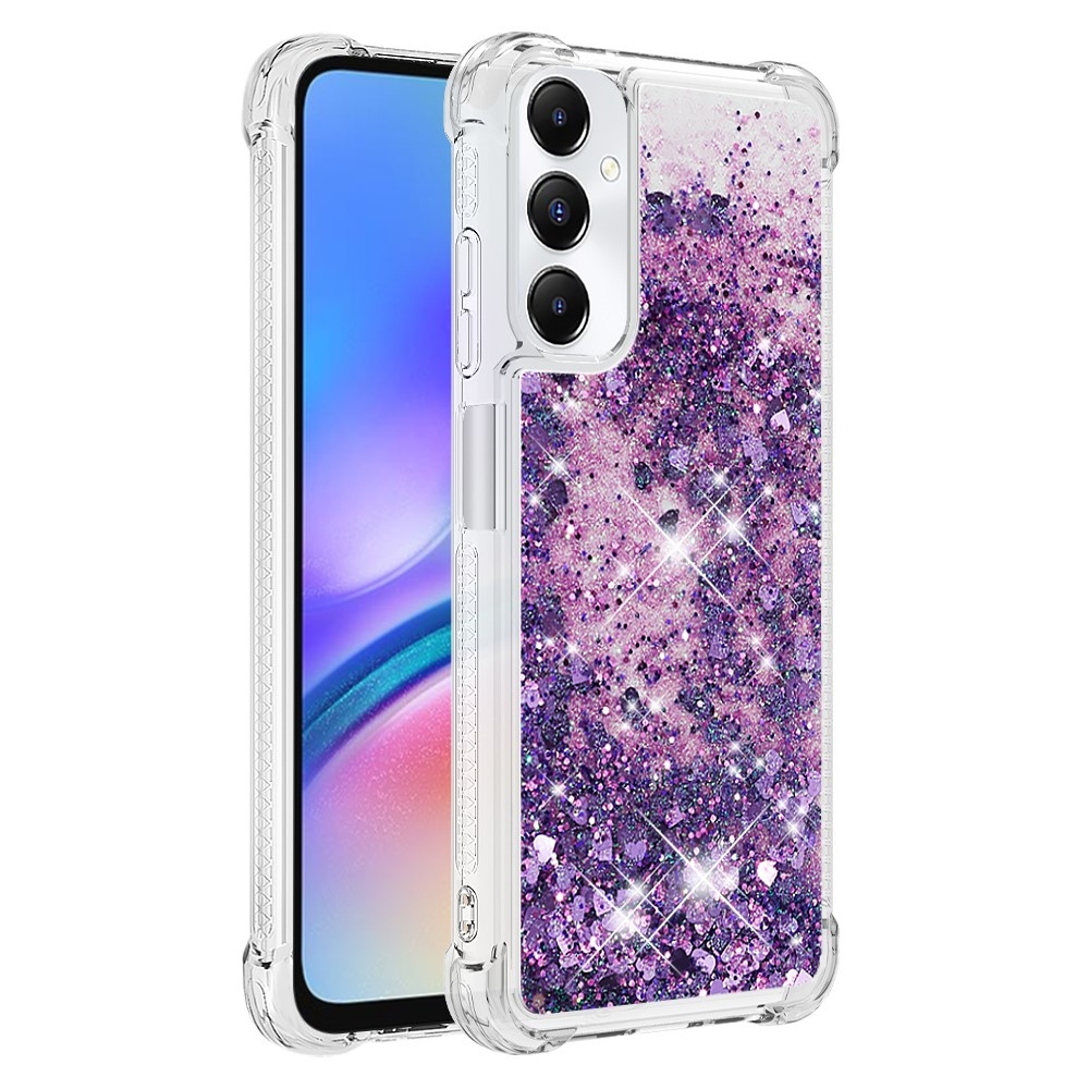 Glitter gélový presýpací obal na Samsung Galaxy A05s - tmavofialový/srdiečka