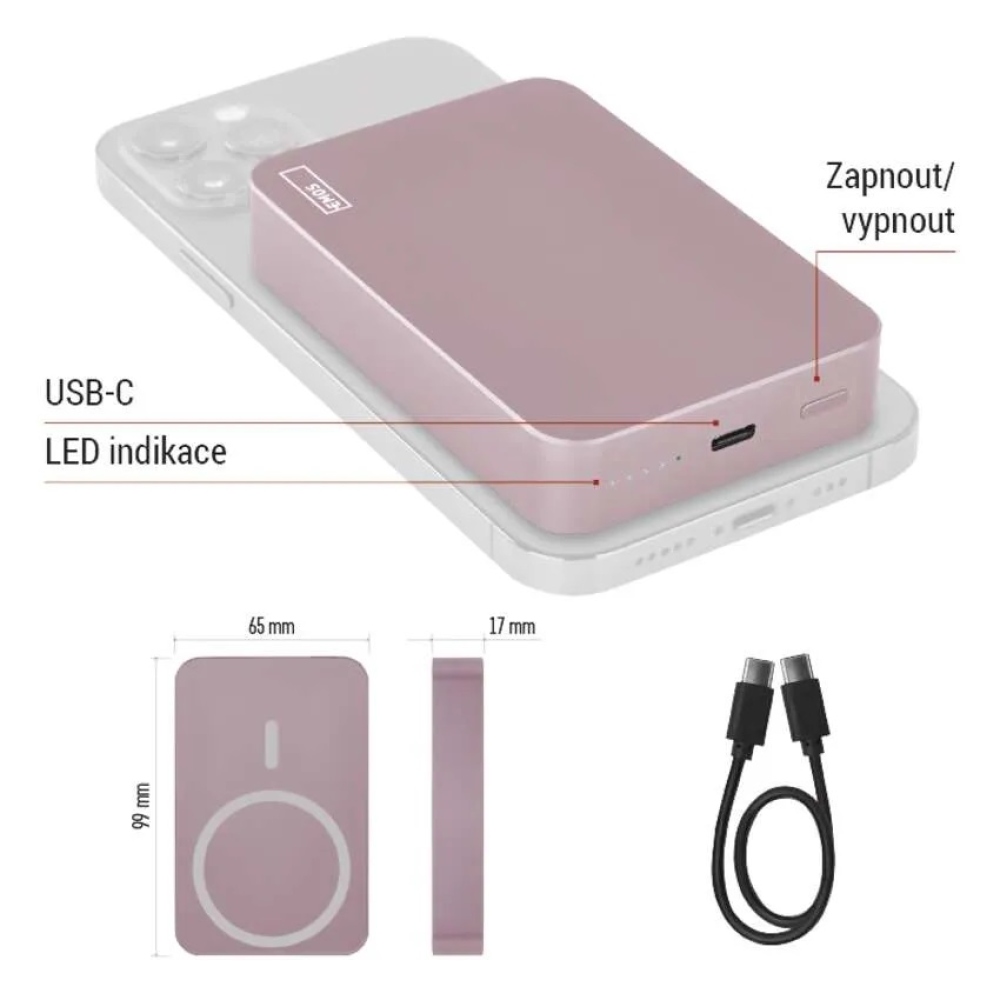 Powerbanka EMOS WI 1046, 10 000 mAh, 20 W+Wireless - lososová