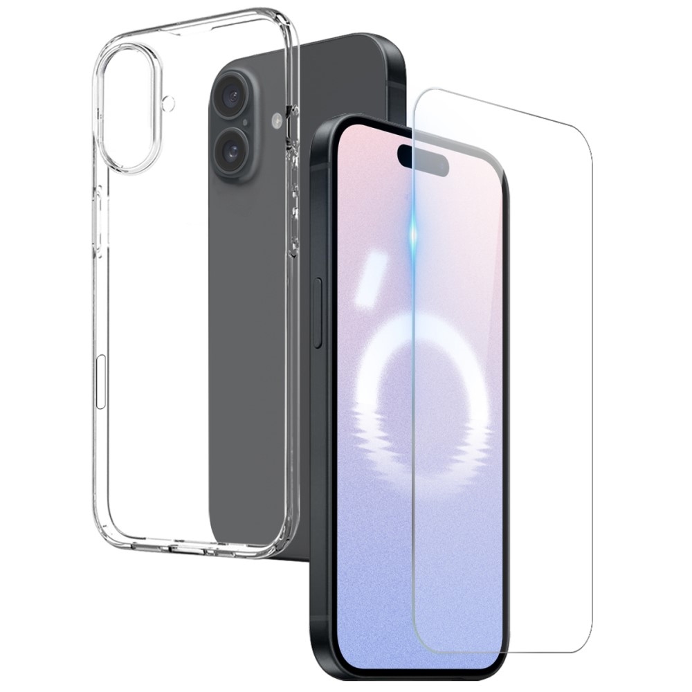 NORTHJO priehľadný gélový obal + tvrdené sklo na iPhone 16 Plus - priehľadný