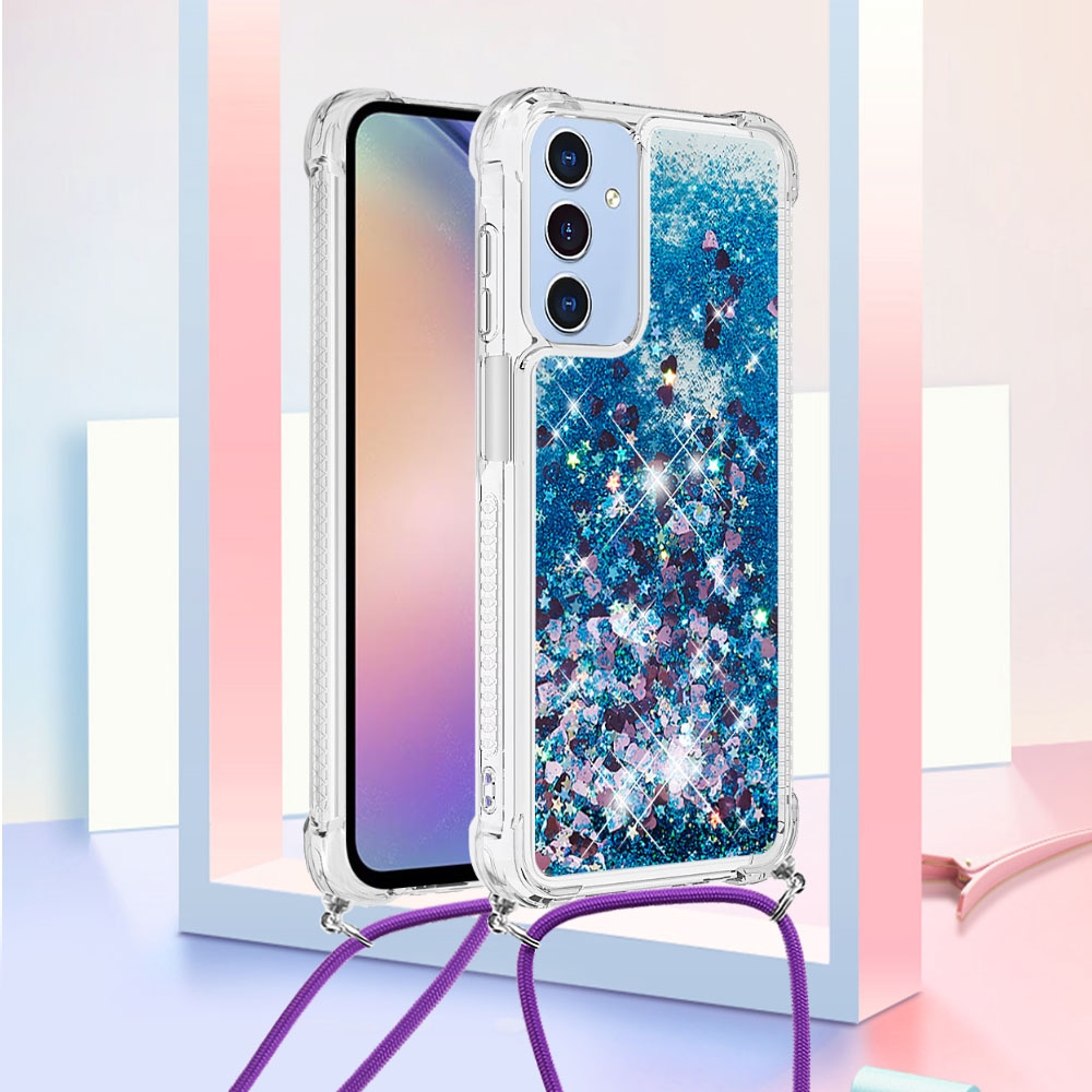 Glitters presýpacie gélový obal so šnúrkou na Samsung Galaxy A17 5G - modrý/srdiečka