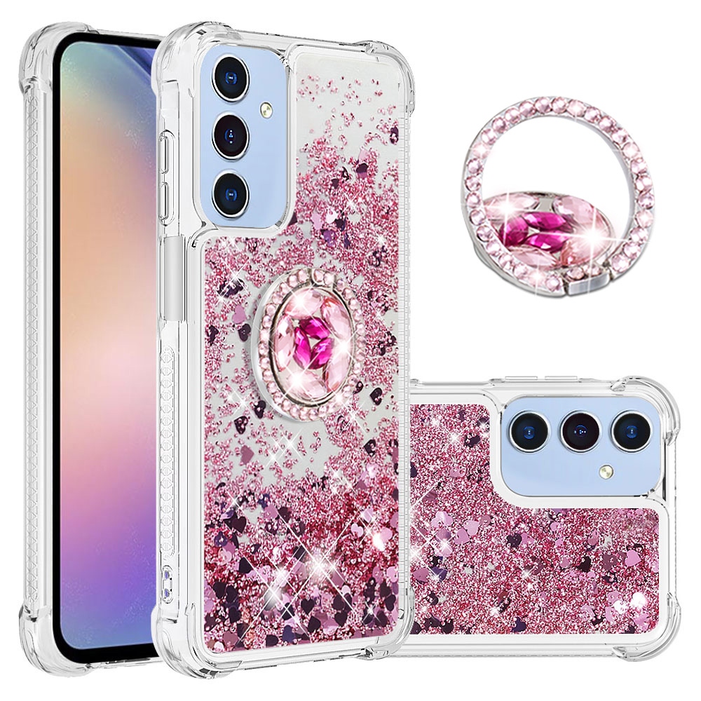 Glitt presýpací gélový obal s krúžkom na prst na Samsung Galaxy A17 5G - ružovozlatý/srdiečka