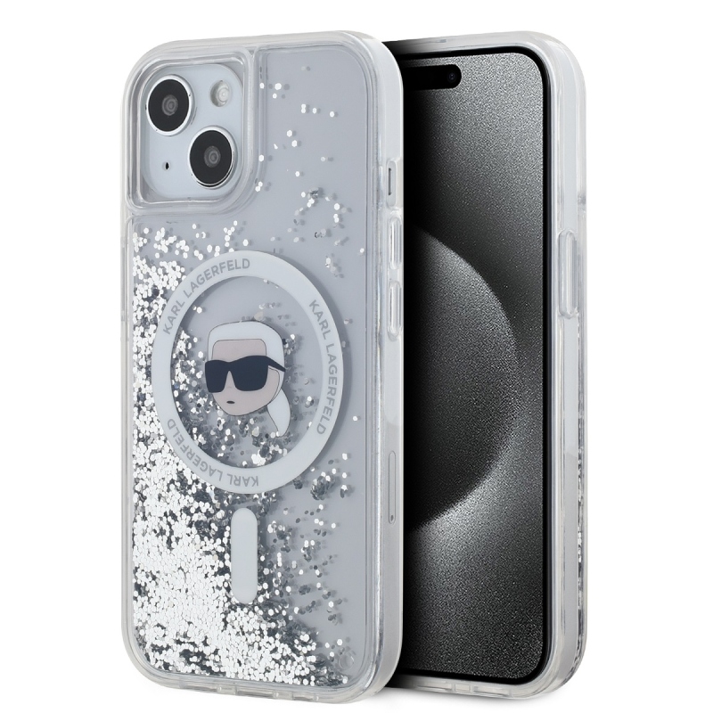 Karl Lagerfeld Liquid Glitter Karl Head Magsafe Zadný Kryt pre iPhone 15 Transparent