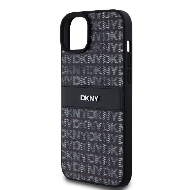 DKNY PU Leather Repeat Pattern Tonal Stripe Zadný Kryt pre iPhone 15 Plus Black