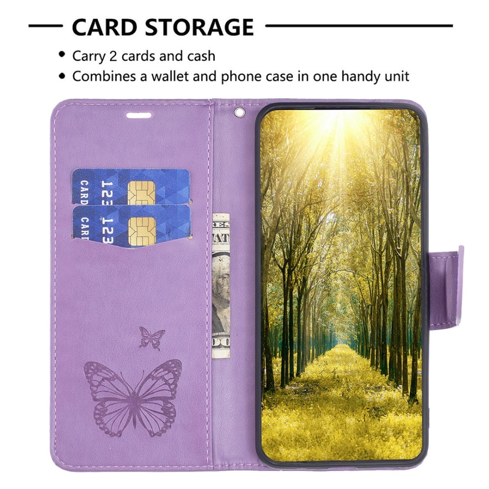 Butterfly knižkové puzdro na Xiaomi Redmi 12 4G/5G - fialové