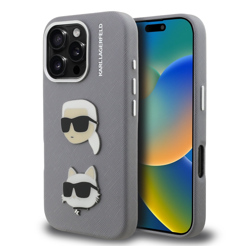 Karl Lagerfeld Grained PU K&CH Heads Zadný Kryt pre iPhone 16 Pro Grey