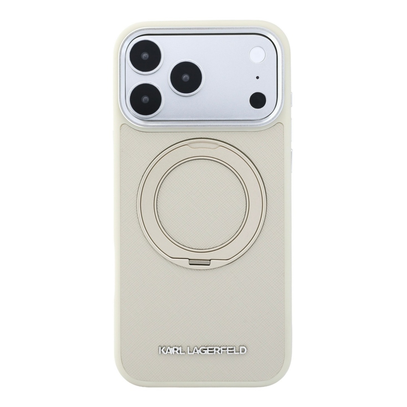 Karl Lagerfeld PU Saffiano Ring Stand MagSafe zadný kryt pre iPhone 18 Pro, béžový