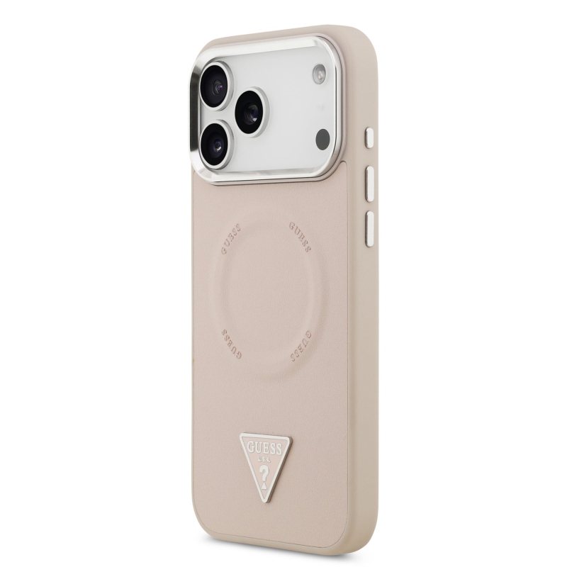 Guess PU kožený zadný kryt MagSafe s trojuholníkovým logom pre iPhone 17 Pro Pink