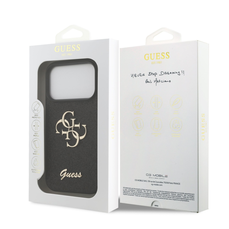 Guess PU Pevný zadný kryt s kovovým logom 4G Glitter pre iPhone 17 Pro Black