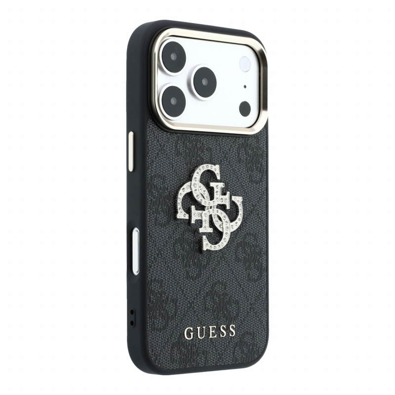 Guess PU 4G Strass Metal Logo zadný kryt pre iPhone 18 Pro, čierny