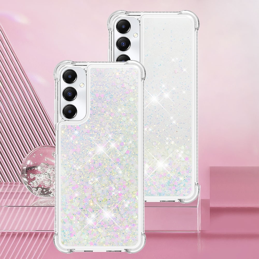 Glitter gélový presýpací obal na Samsung Galaxy A05s - ružovo strieborný/srdiečka